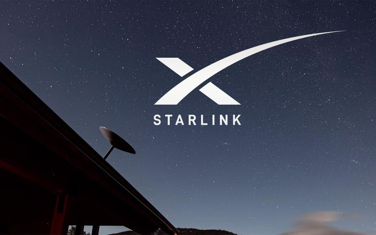 Logo Starlink sur fond étoilé avec antennes starlink